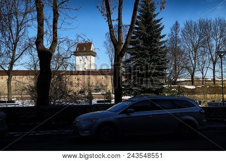 Narva, Estonia - March 30, 2018: View Of The Ivangorod And Narva Fortress From Narva City
