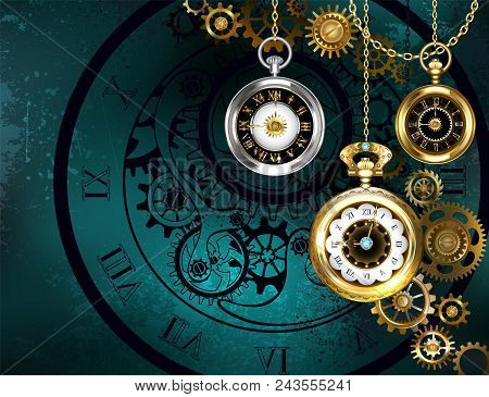 Jewelery, Antique Clock With Gold Chains On Green Textured Background.