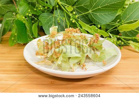 Dried Linden Flowers For Linden Tea Preparation On The White Saucer On A Bamboo Wood Surface Against