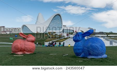 Colorful Rabbit Sculptures In Front Of Heydar Aliyev Centre, Baku, Azerbaijan
