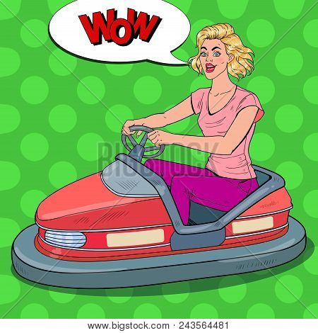 Pop Art Joyful Woman Riding Bumper Car At Fun Fair. Girl In Electric Car At Amusement Park. Vector I