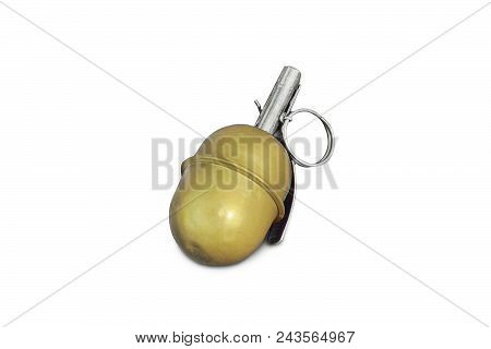 Dummy, Plastic Grenade, Isolated On White. Hand Grenade Rgd-5 On Asphalt. Abandoned Lost Pomegranate