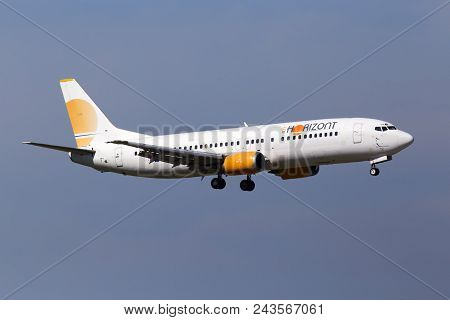 Borispol, Ukraine - May 26, 2018: 9h-zaz Air Horizont Boeing 737-400 Aircraft On The Blue Sky Backgr
