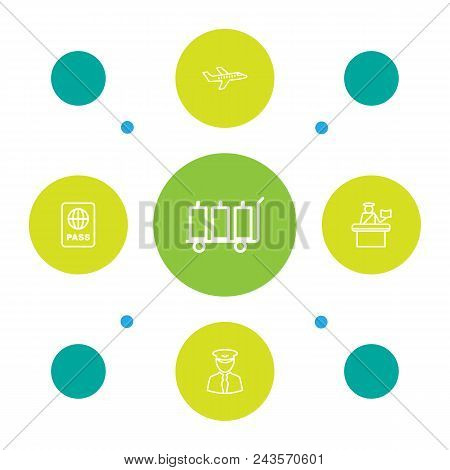 Set Of 5 Aircraft Icons Line Style Set. Collection Of Passport, Aicraft, Security And Other Elements