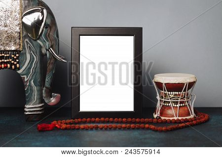 Mock Up Frame And Statuette Of Elephant And Shiva's Drum Damar With Rudraksha Beads. Ethnic Shiwais 