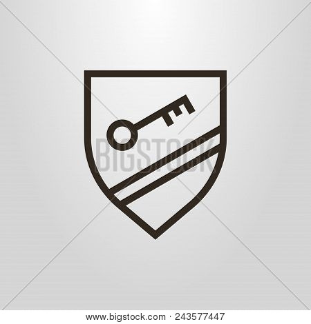 Black And White Simple Vector Line Art Pictogram Of  Key On The Shield With Two Strips