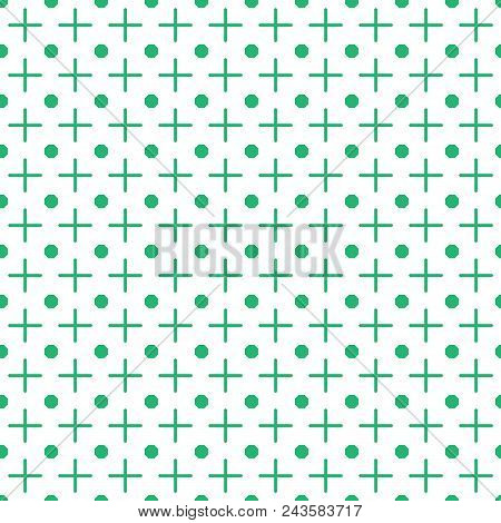 Crosses And Dots Seamless Pattern. Vector Geometric Background. Green Pluses And Circles On The Whit