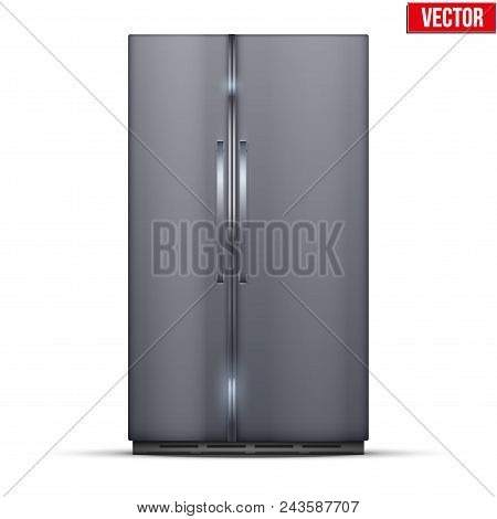 Modern Fridge Freezer Refrigerator With Double Doors In Silver Color. Household Tech And Appliances.