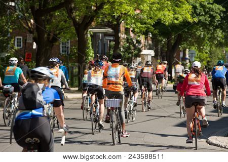 MONTREAL,CANADA- JUNE 3, 2018:  The Tour de l ile is a Sunday biking classic, where thousands of cyclists fill the streets of Montreal in Canada.  