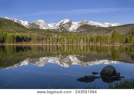 Morning Sunlight Hitting The Peaks And Trees Of Sprague Lake In Rocky Mountain National Park Outside
