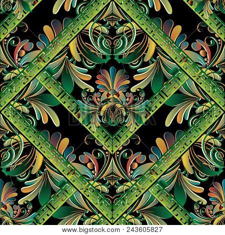 Floral Seamless Pattern. Vector Greek Key Meanders Background. Ornate Wallpapers Design. Tracery Col