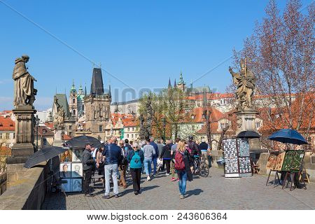 Prague, Czech Republic - April, 2018: View Of Charles Bridge, Prague Castle With Tourists In Prague,