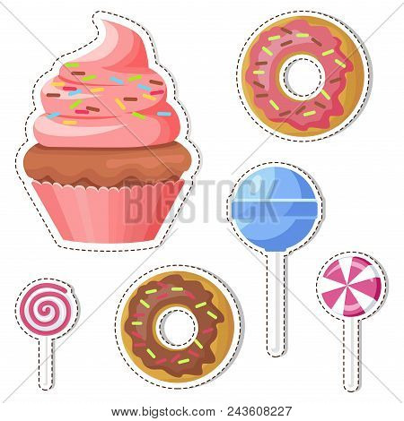 Cartoon Sweets Stickers Or Icons Set. Colorful Lollipop Candy On Stick And Glazed Donuts Flat Vector