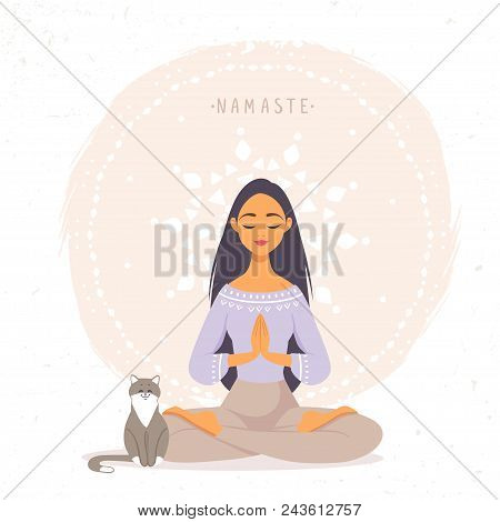 Amazing Cartoon Girl In Yoga Lotus Pose With Cute Cat. Practicing Yoga. Vector Illustration. Young A