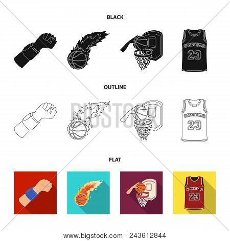 Basketball And Attributes Black, Flat, Outline Icons In Set Collection For Design.basketball Player 