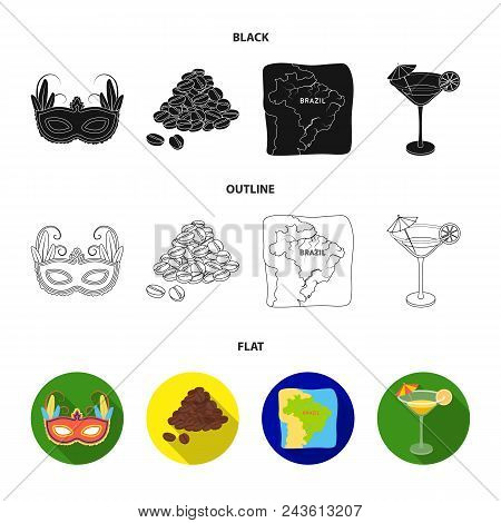 Brazil, Country, Mask, Carnival . Brazil Country Set Collection Icons In Black, Flat, Outline Style 