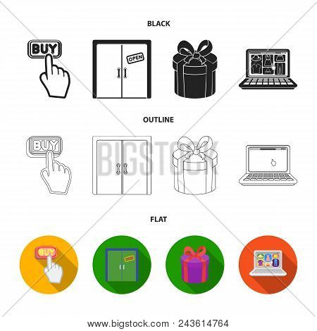 Hand, Click, Elevator, Gift, Box, Door, Online Store And Other Equipment. E Commerce Set Collection 