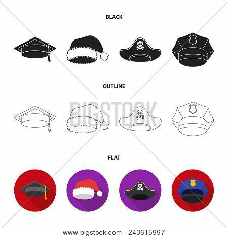 Graduate, Santa, Police, Pirate. Hats Set Collection Icons In Black, Flat, Outline Style Vector Symb