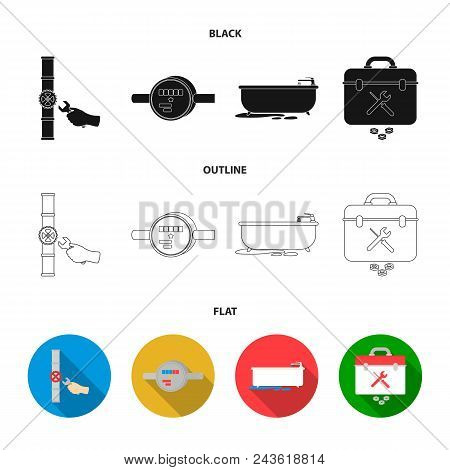 Water Meter, Bath And Other Equipment.plumbing Set Collection Icons In Black, Flat, Outline Style Ve