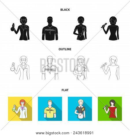 Woman Chemist, Football Player, Hotel Maid, Singer, Presenter.profession Set Collection Icons In Bla