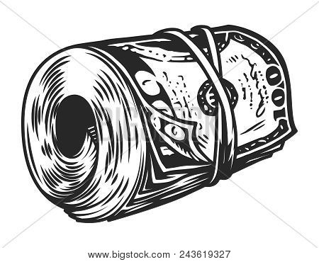 Vintage Money Roll Template With One Hundred Dollars Banknotes Isolated Vector Illustration