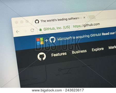 Amsterdam, Netherlands - June 4, 2018: Website Of Github Inc. Announcing Microsoft Inquiring Github.