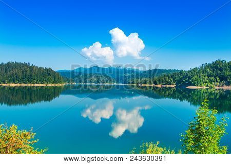 Beautiful Mountain Landscape In Croatia, Lokvarsko Lake With Risnjak Mountain In Background, Reflect