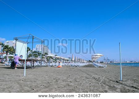 Limassol, Cyprus - May 4, 2018: Aerial View Of A Sandy City Beach In Limassol, Cyprus.