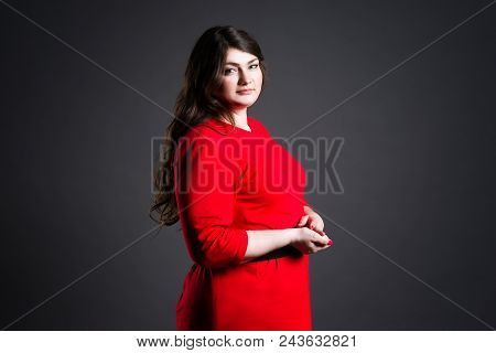 Plus Size Fashion Model In Red Dress, Fat Woman On Gray Studio Background, Overweight Female Body