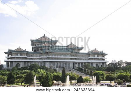 NORTH KOREA, PYONGYANG - SEPTEMBER 14, 2017: Entrance of Great People's Study House, Kim Il Sung Square, capital of North Korea 