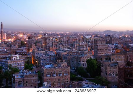 The Capital Of Yemen. View On The Old City From Roof At Dawn