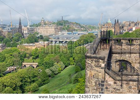 Aerial View At City Of Edinburgh With Waverley Station From Edinburgh Castle
