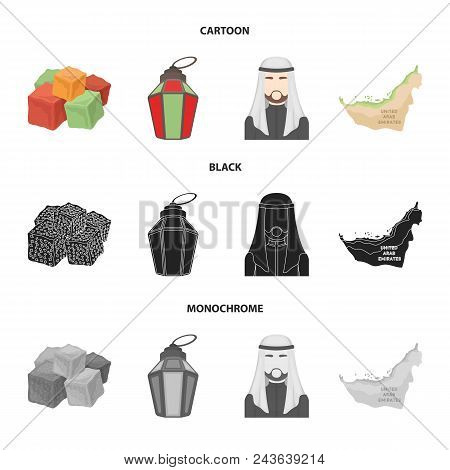 Eastern Sweets, Ramadan Lamp, Arab Sheikh, Territory.arab Emirates Set Collection Icons In Cartoon, 