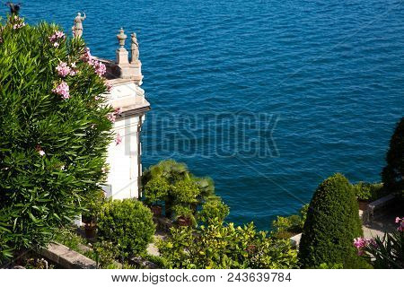 Maggiore Lake In Italy, Beautiful Garden With Oleander Bushes In Borromeo Island Isola Bella.