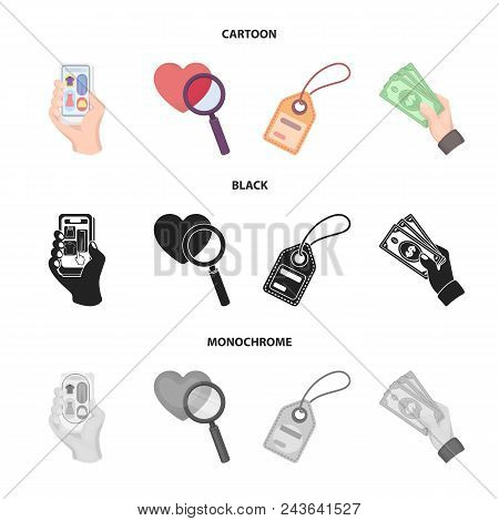 Hand, Mobile Phone, Online Store And Other Equipment. E Commerce Set Collection Icons In Cartoon, Bl