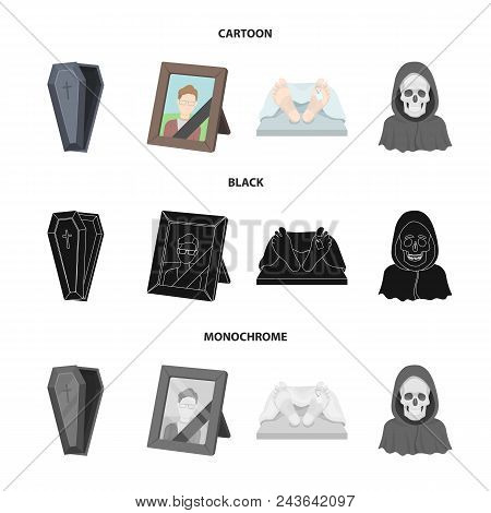 Coffin With A Lid And A Cross, A Photograph Of The Deceased With A Mourning Ribbon, A Corpse On The 