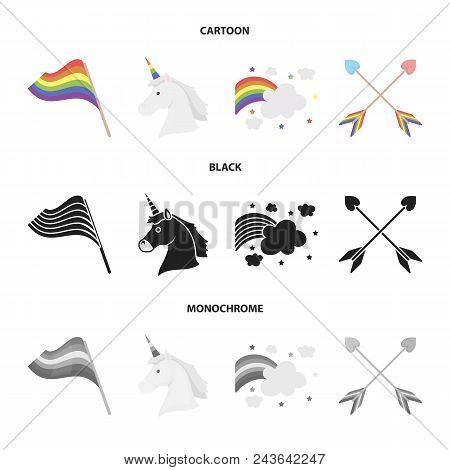 Flag, Unicorn Symbol, Arrows With Heart.gay Set Collection Icons In Cartoon, Black, Monochrome Style