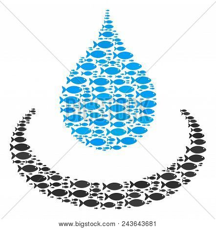 Drop Ripple Vector Concept. Abstraction Is Made From Fish Pictograms In Various Sizes. Fish Elements