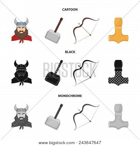 Viking In Helmet With Horns, Mace, Bow With Arrow, Treasure. Vikings Set Collection Icons In Cartoon