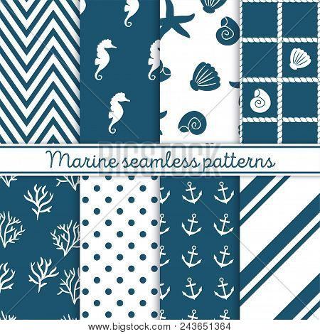 Marine Seamless Patterns Set. Design Elements For Wallpaper, Baby Shower Invitation, Birthday Card, 