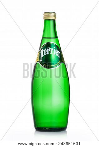 London, Uk - June 02, 2018: Bottle Of Perrier Sparkling Water. Perrier Is A French Brand Of Natural 