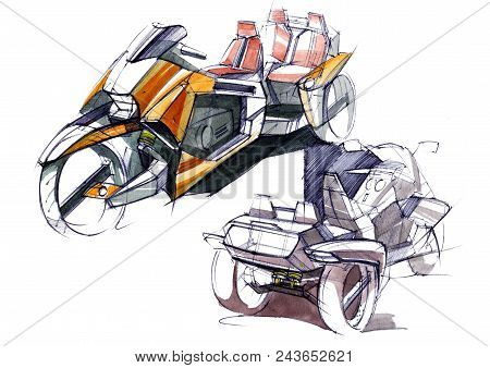 Illustration Of The Development Of A Motorcycle Project For A City On Electric Motors. The Sketch Is