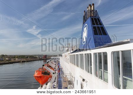 Newcastle, England - May 18, 2018: Ferry From Ijmuiden In The Netherlands Arriving In Newcastle Harb