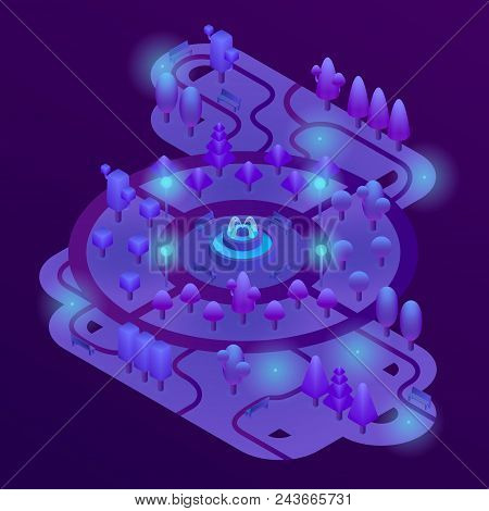 Vector 3d Isometric Park With Purple Plants, Ultra Violet Trees, Benches And Fountain. Map Of City G