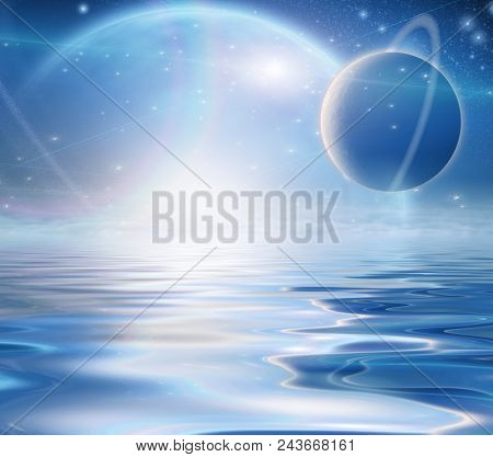 Exosolar Planets Rise over quiet waters. 3D rendering