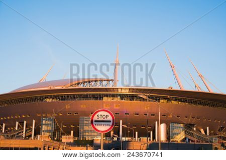 A Stop Sign On The Background Of The Stadium Zenith-arena, Close-up In The Rays Of The Sunset, The W