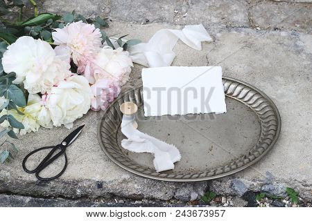 Styled Stock Photo. Feminine Wedding Still Life Composition With Vintage Silver Tray, Old Scissors A