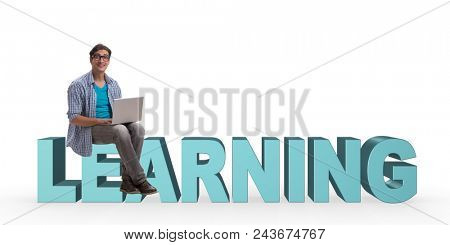Young man in telelearning concept with laptop and books