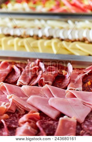 Buffet Trays With A Various Delicious Appetizers Close-up