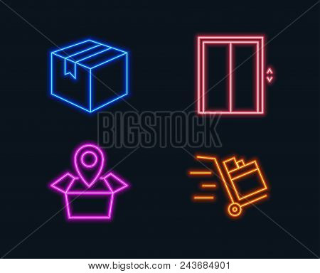 Neon Lights. Set Of Parcel, Package Location And Lift Icons. Push Cart Sign. Shipping Box, Delivery 